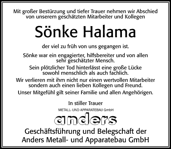 Traueranzeige von Sönke Halama von Cellesche Zeitung