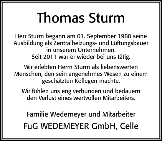 Traueranzeige von Thomas Sturm von Cellesche Zeitung