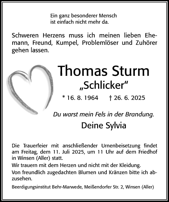 Traueranzeige von Thomas Sturm von Cellesche Zeitung