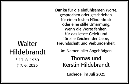 Traueranzeige von Walter Hildebrandt von Cellesche Zeitung