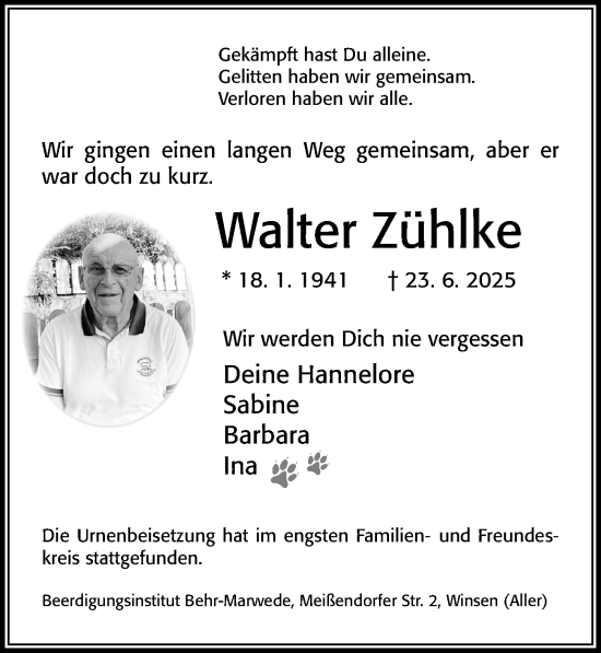 Traueranzeige von Walter Zühlke von Cellesche Zeitung