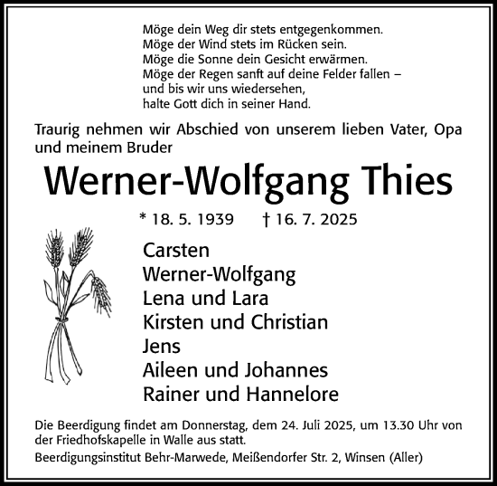 Traueranzeige von Werner-Wolfgang Thies von Cellesche Zeitung