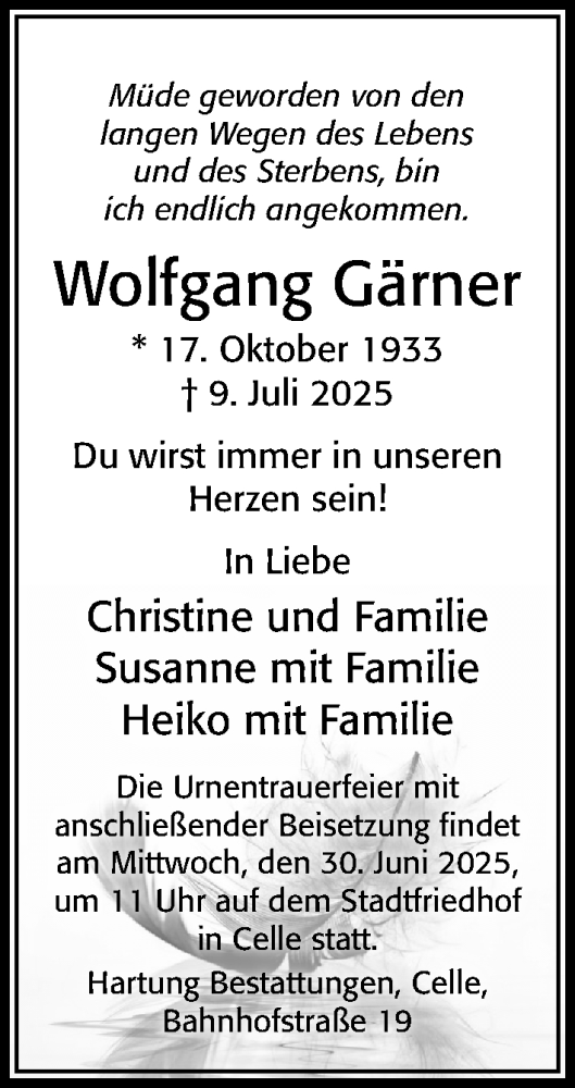 Traueranzeige von Wolfgang Gärner von Cellesche Zeitung