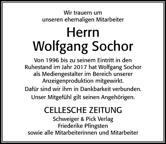 Traueranzeige von Wolfgang Sochor von Cellesche Zeitung