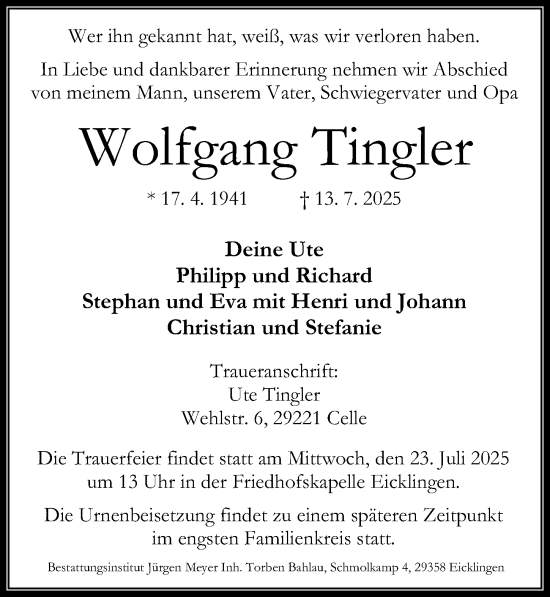 Traueranzeige von Wolfgang Tingler von Cellesche Zeitung