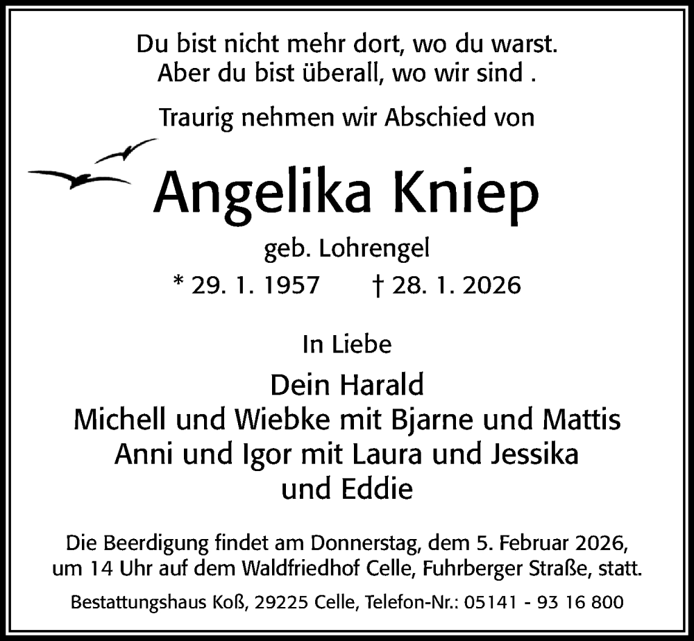  Traueranzeige für Angelika Kniep vom 31.01.2026 aus Cellesche Zeitung