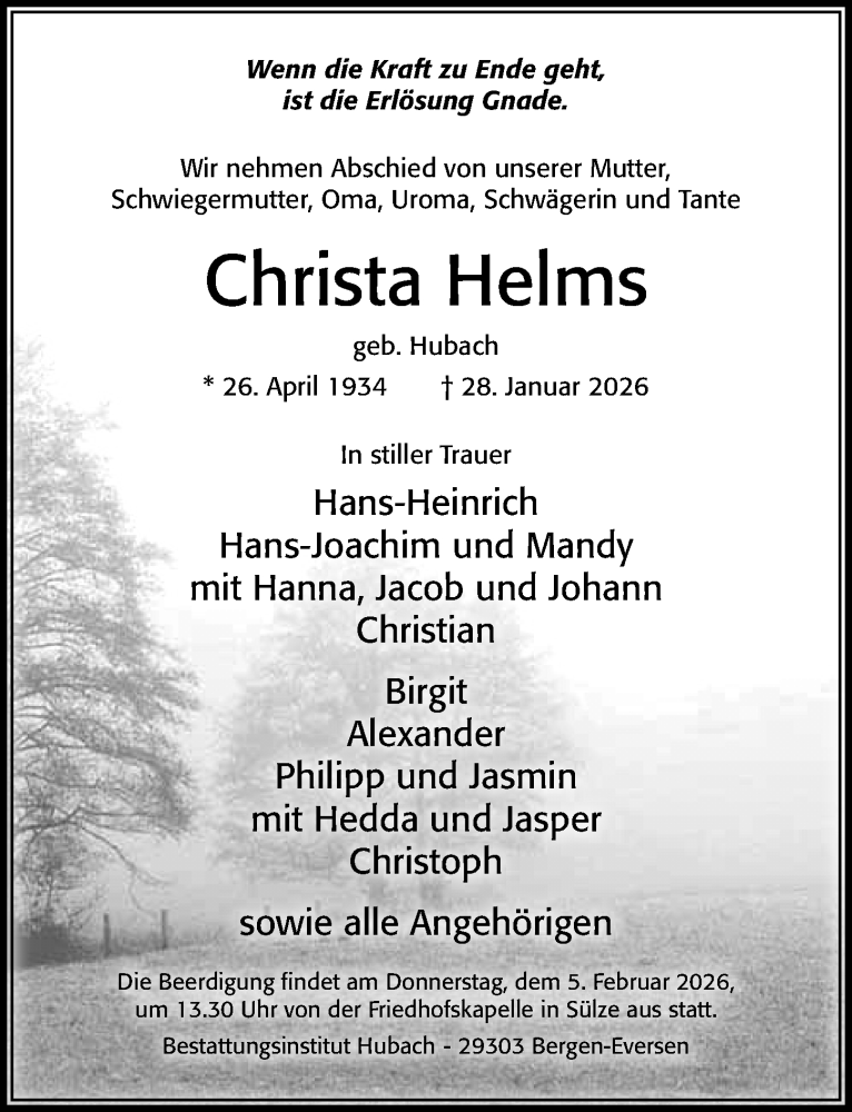  Traueranzeige für Christa Helms vom 31.01.2026 aus Cellesche Zeitung