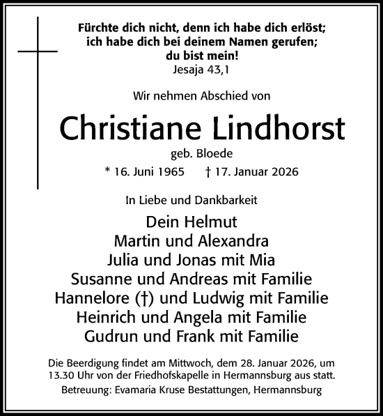 Traueranzeige von Christiane Lindhorst von Cellesche Zeitung