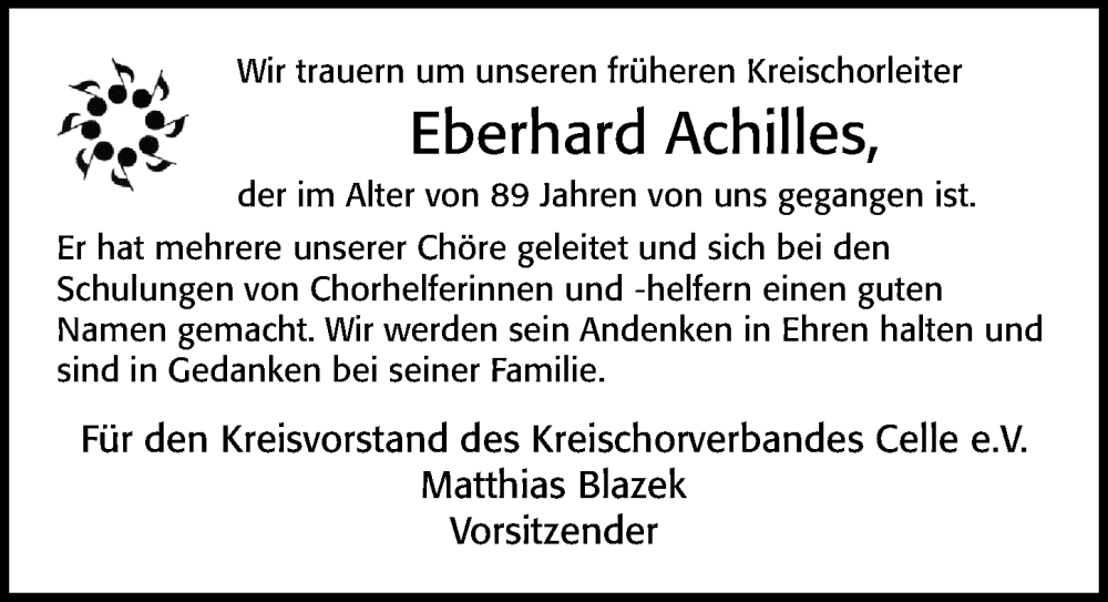  Traueranzeige für Eberhard Achilles vom 27.01.2026 aus Cellesche Zeitung