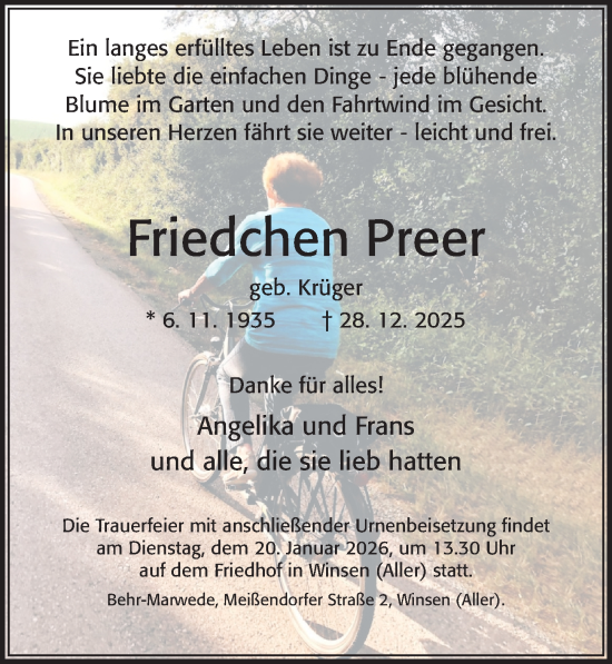 Traueranzeige von Friedchen Preer von Cellesche Zeitung