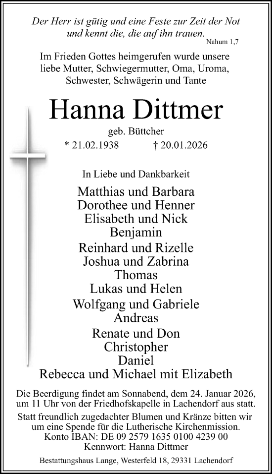 Traueranzeige von Hanna Dittmer von Cellesche Zeitung