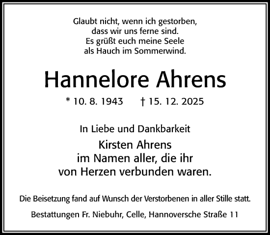Traueranzeige von Hannelore Ahrens von Cellesche Zeitung