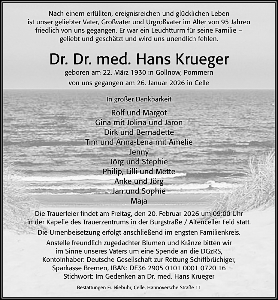 Traueranzeige für Hans Krueger vom 31.01.2026 aus Cellesche Zeitung