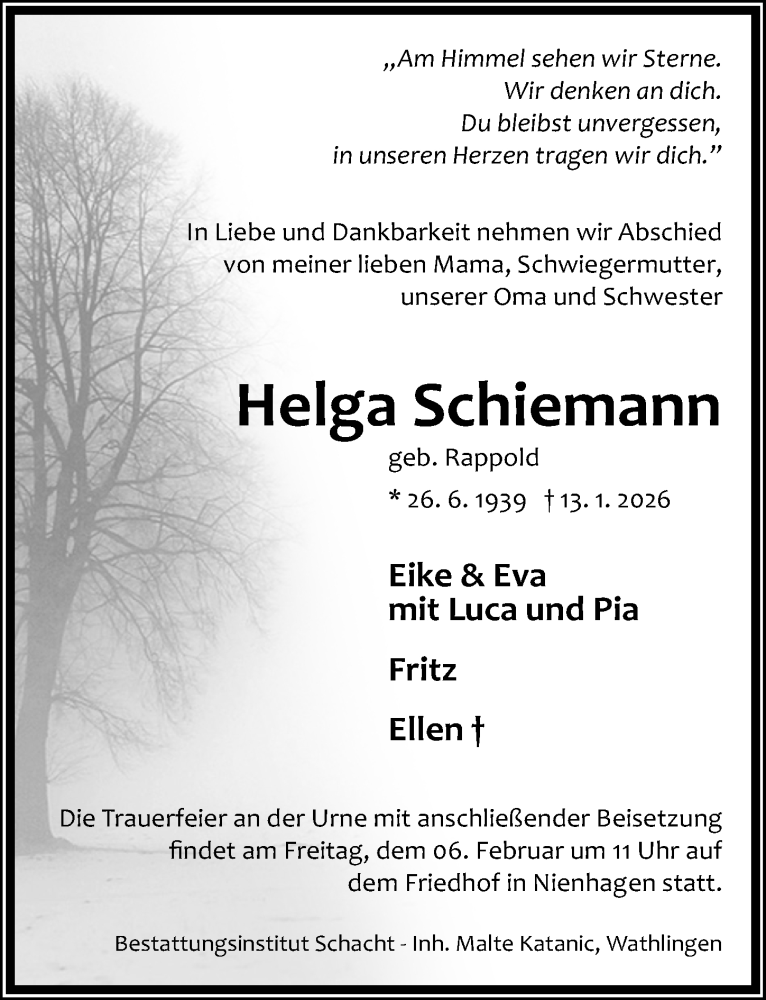  Traueranzeige für Helga Schiemann vom 31.01.2026 aus Cellesche Zeitung