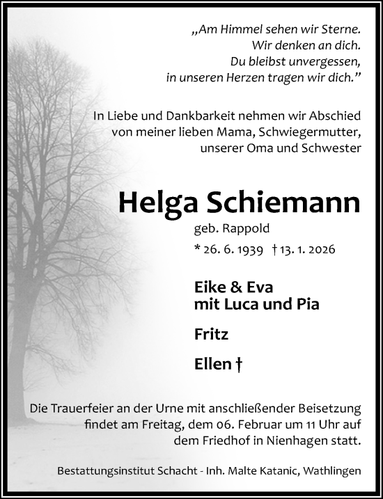 Traueranzeige von Helga Schiemann von Cellesche Zeitung