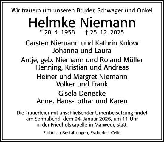 Traueranzeige von Helmke Niemann von Cellesche Zeitung