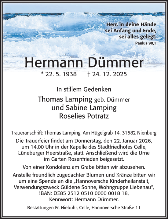 Traueranzeige von Hermann Dümmer von Cellesche Zeitung