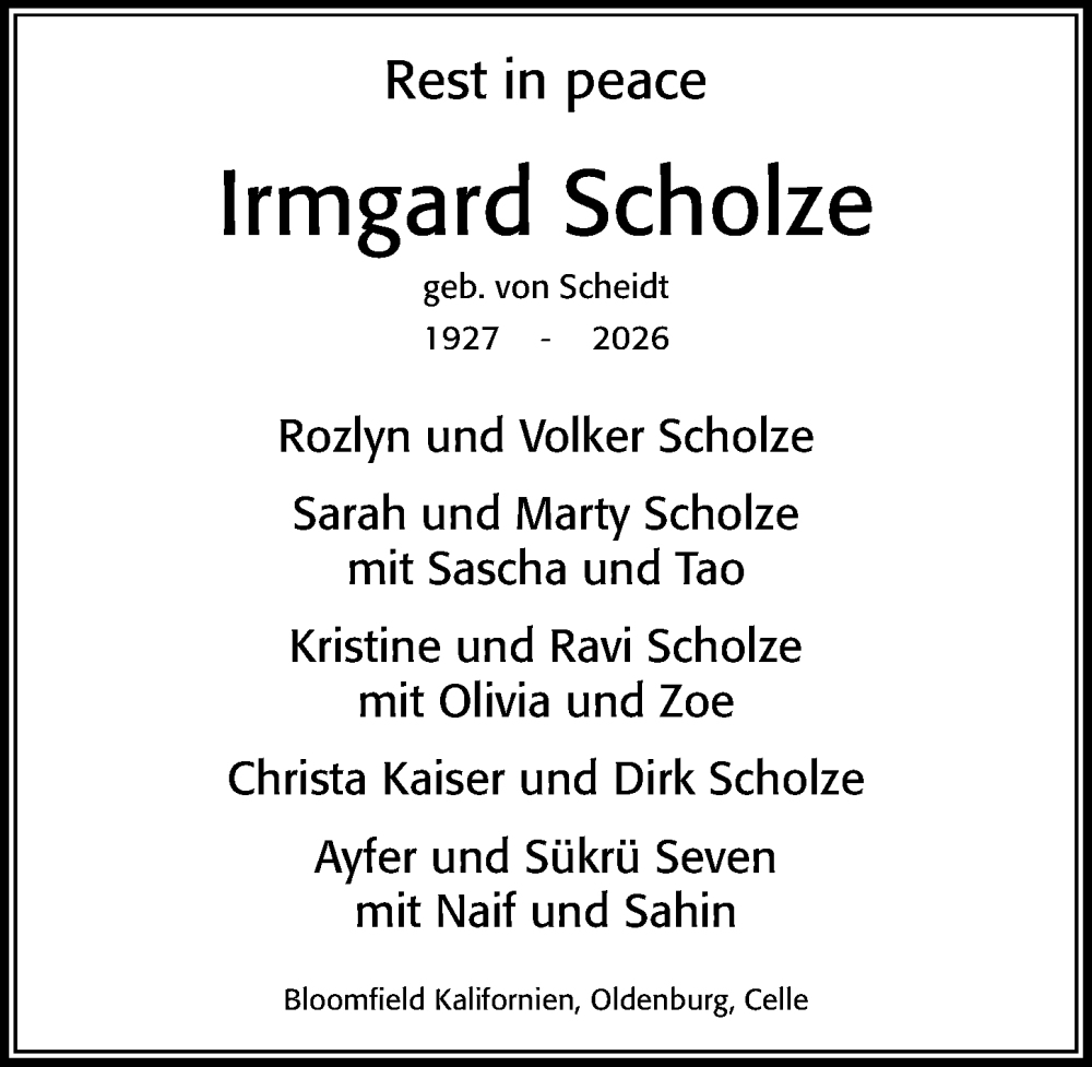  Traueranzeige für Irmgard Scholze vom 31.01.2026 aus Cellesche Zeitung