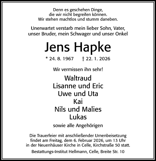 Traueranzeige von Jens Hapke von Cellesche Zeitung