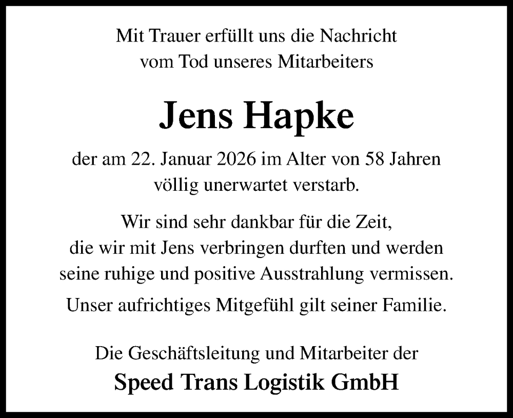  Traueranzeige für Jens Hapke vom 31.01.2026 aus Cellesche Zeitung