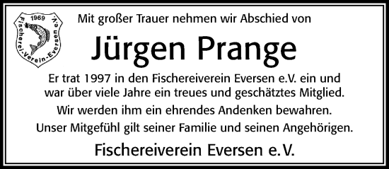 Traueranzeige von Jürgen Prange von Cellesche Zeitung