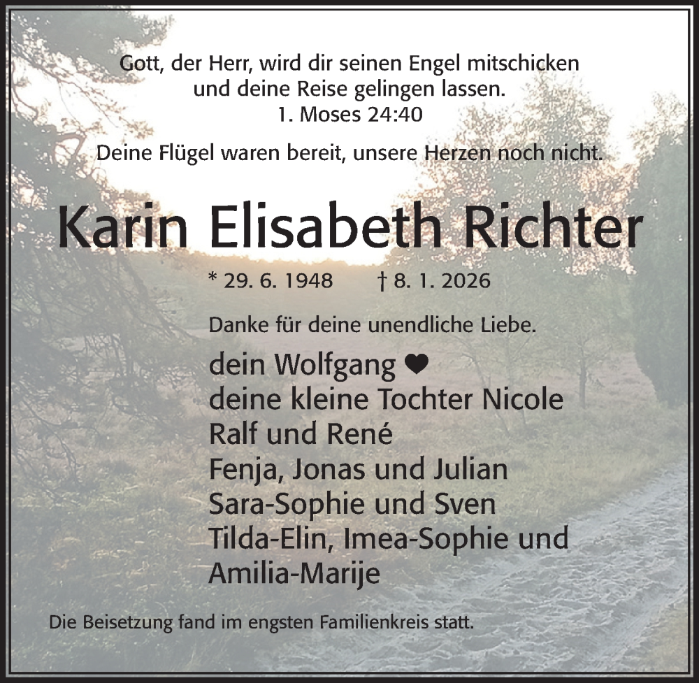  Traueranzeige für Karin Elisabeth Richter vom 31.01.2026 aus Cellesche Zeitung