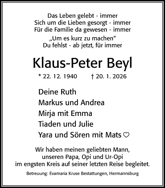 Traueranzeige von Klaus-Peter Beyl von Cellesche Zeitung