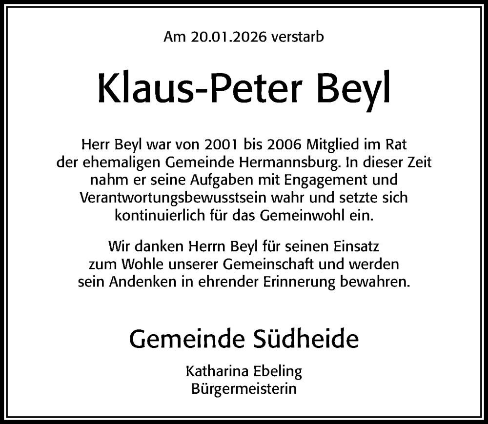  Traueranzeige für Klaus-Peter Beyl vom 31.01.2026 aus Cellesche Zeitung