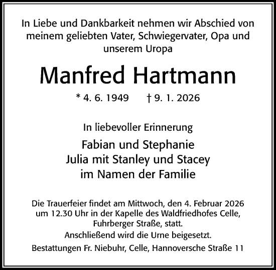 Traueranzeige von Manfred Hartmann von Cellesche Zeitung