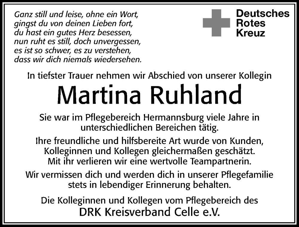  Traueranzeige für Martina Ruhland vom 31.01.2026 aus Cellesche Zeitung