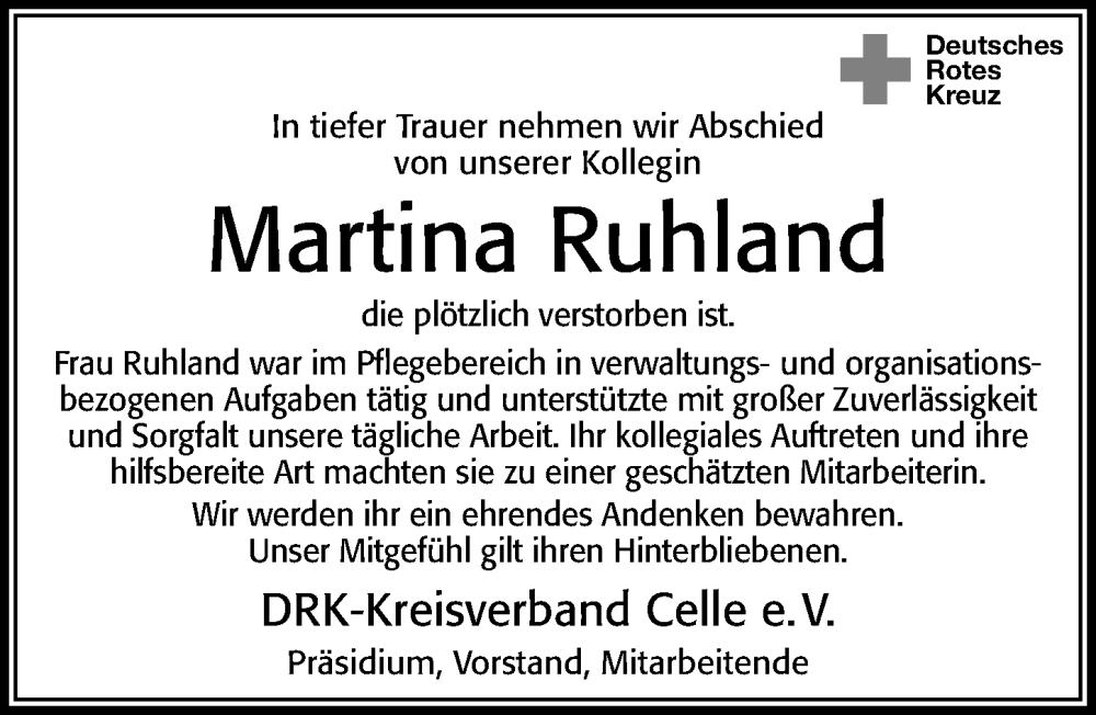  Traueranzeige für Martina Ruhland vom 31.01.2026 aus Cellesche Zeitung