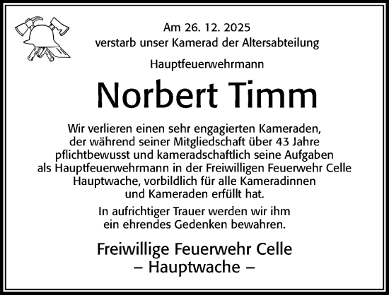Traueranzeige von Norbert Timm von Cellesche Zeitung