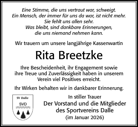 Traueranzeige von Rita Breetzke von Cellesche Zeitung