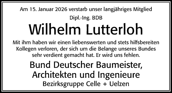 Traueranzeige von Wilhelm Lutterloh von Cellesche Zeitung