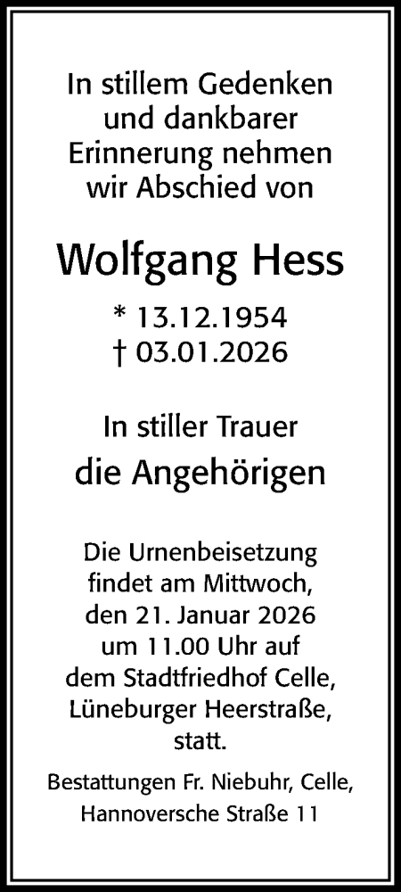 Traueranzeige von Wolfgang Hess von Cellesche Zeitung