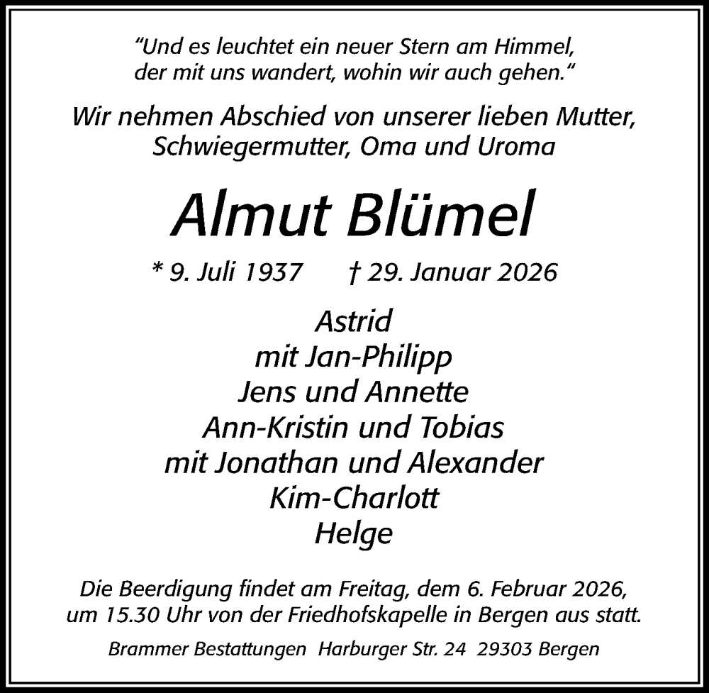 Traueranzeige für Almut Blümel vom 03.02.2026 aus Cellesche Zeitung