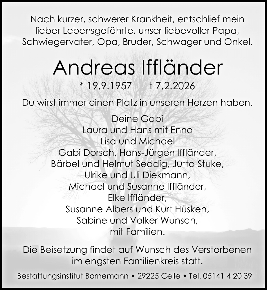 Traueranzeige für Andreas Iffländer vom 14.02.2026 aus Cellesche Zeitung