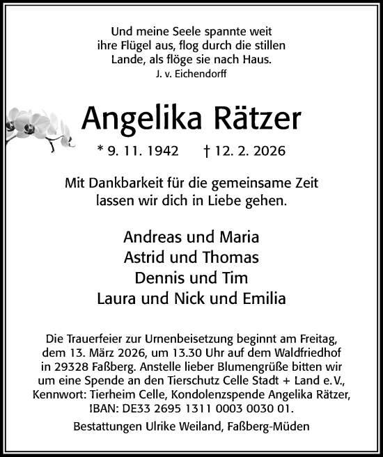 Traueranzeige von Angelika Rätzer von Cellesche Zeitung