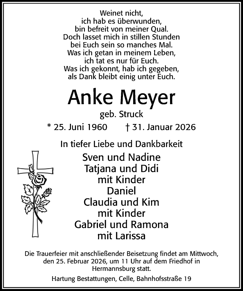  Traueranzeige für Anke Meyer vom 18.02.2026 aus Cellesche Zeitung