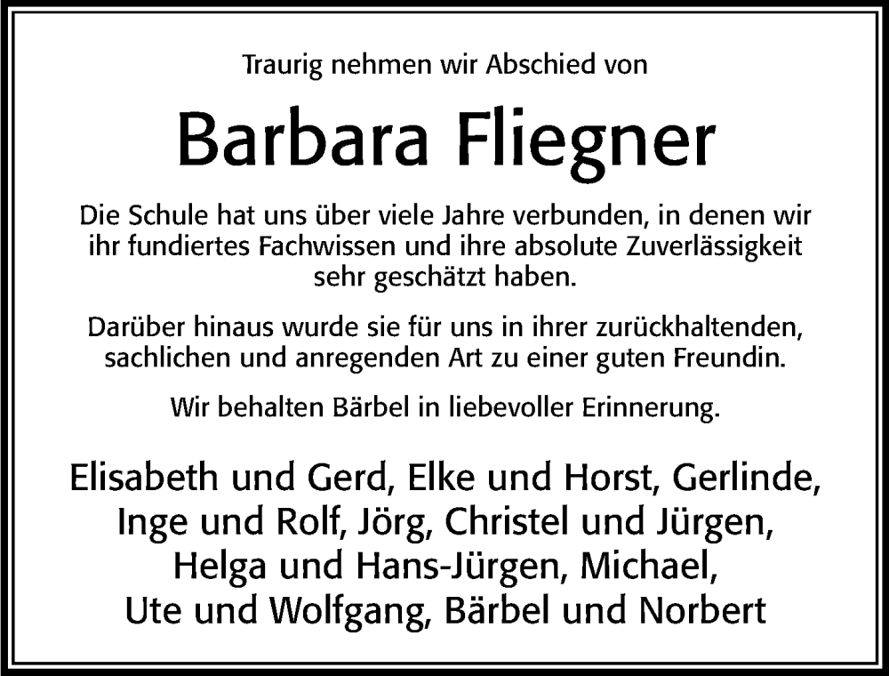  Traueranzeige für Barbara Fliegner vom 14.02.2026 aus Cellesche Zeitung