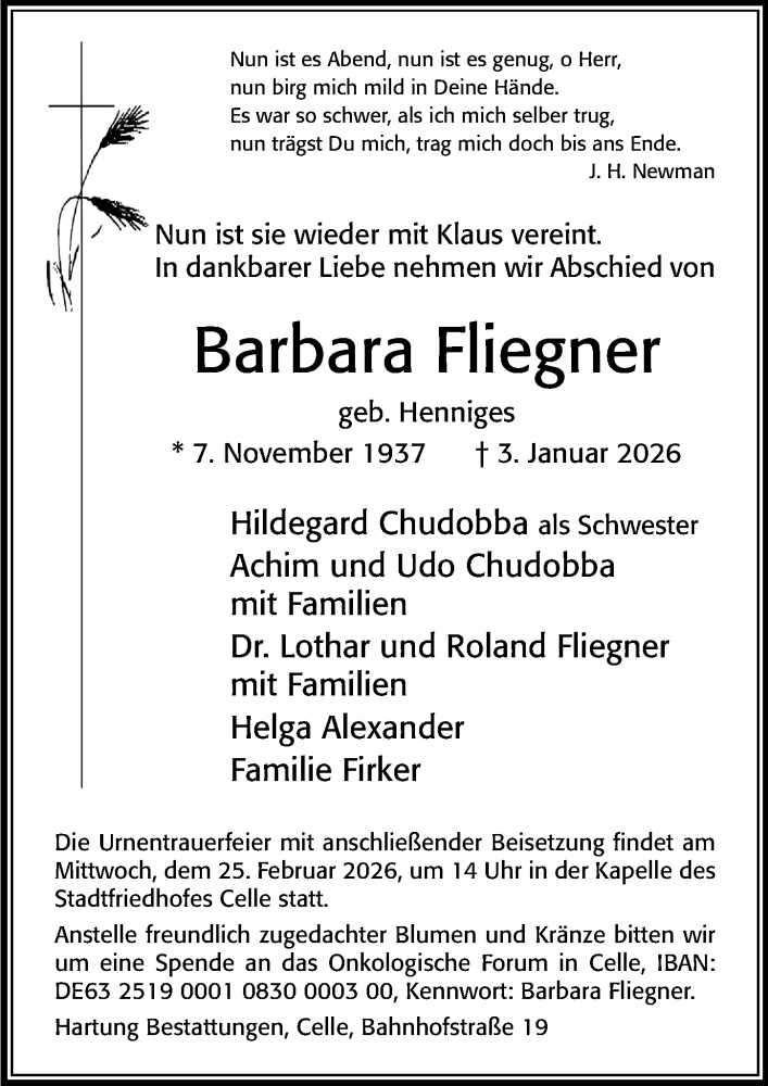  Traueranzeige für Barbara Fliegner vom 14.02.2026 aus Cellesche Zeitung