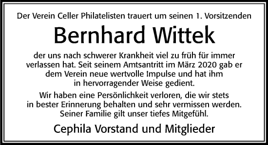 Traueranzeige von Bernhard Wittek von Cellesche Zeitung