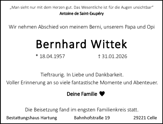 Traueranzeige von Bernhard Wittek von Cellesche Zeitung