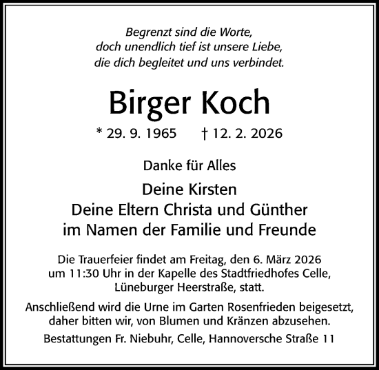 Traueranzeige von Birger Koch von Cellesche Zeitung