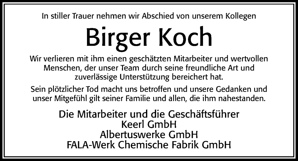  Traueranzeige für Birger Koch vom 21.02.2026 aus Cellesche Zeitung