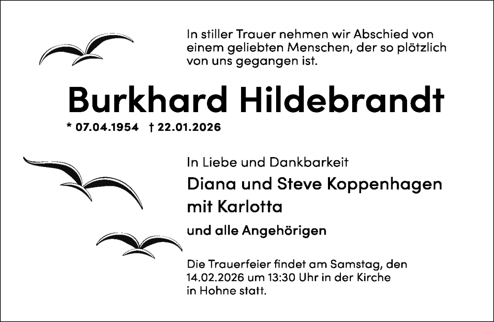  Traueranzeige für Burkhard Hildebrandt vom 06.02.2026 aus Cellesche Zeitung