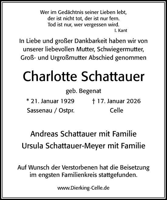 Traueranzeige von Charlotte Schattauer von Cellesche Zeitung