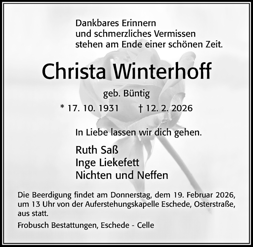  Traueranzeige für Christa Winterhoff vom 17.02.2026 aus Cellesche Zeitung