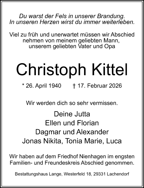 Traueranzeige von Christoph Kittel von Cellesche Zeitung