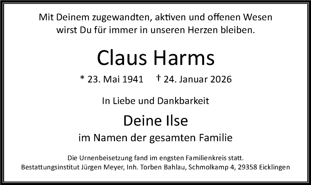  Traueranzeige für Claus Harms vom 07.02.2026 aus Cellesche Zeitung